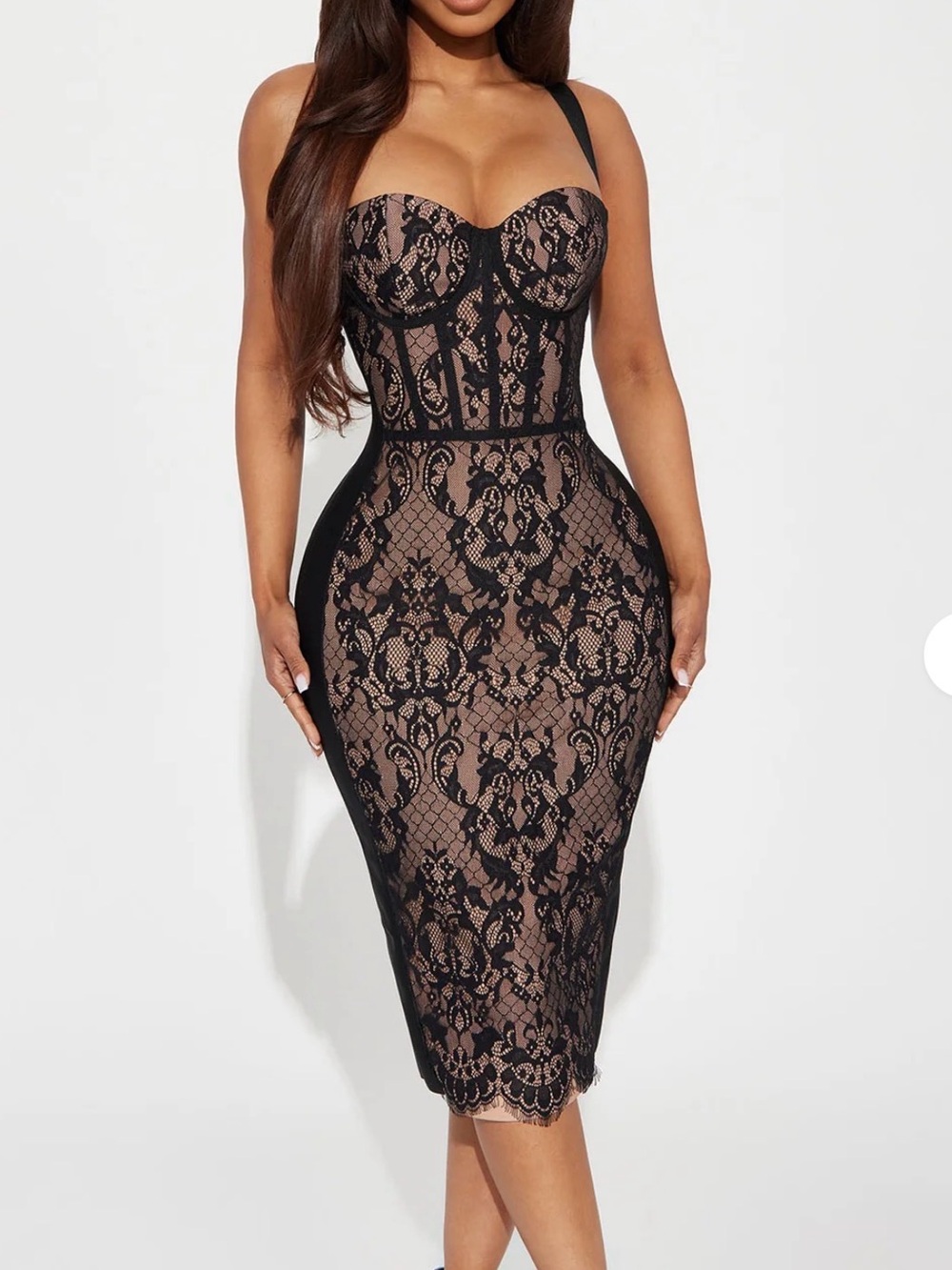 Fashion Nova Black Lace Midi Dress with Nude Illusion